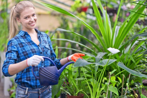 Professional gardening staff using PPE during outdoor maintenance
