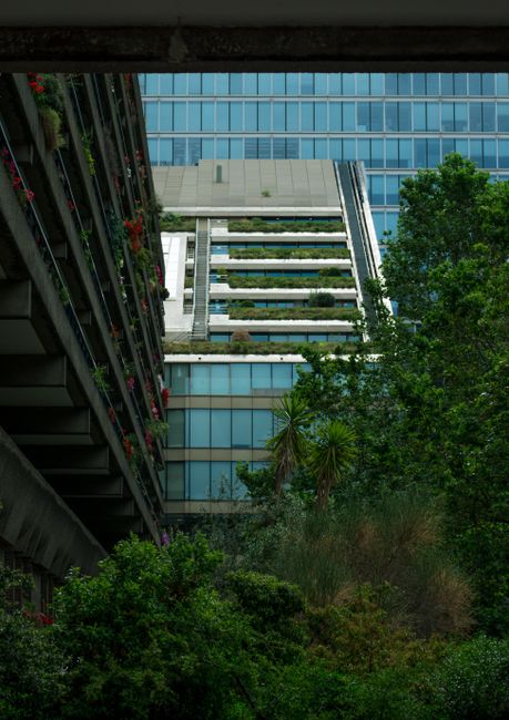 A low-angle view of a modern urban courtyard surrounded by Brutalist-style concrete buildings, with textured surfaces and geometric shapes. In the foreground, there is a curved concrete walkway with a